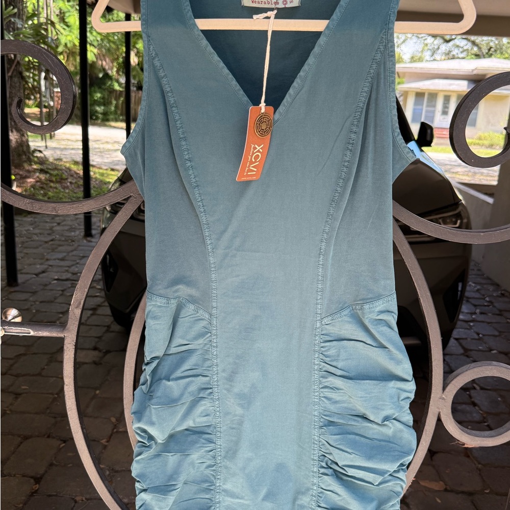 XCVI Wearables Blue green knee length Dress with Stylish Ruching